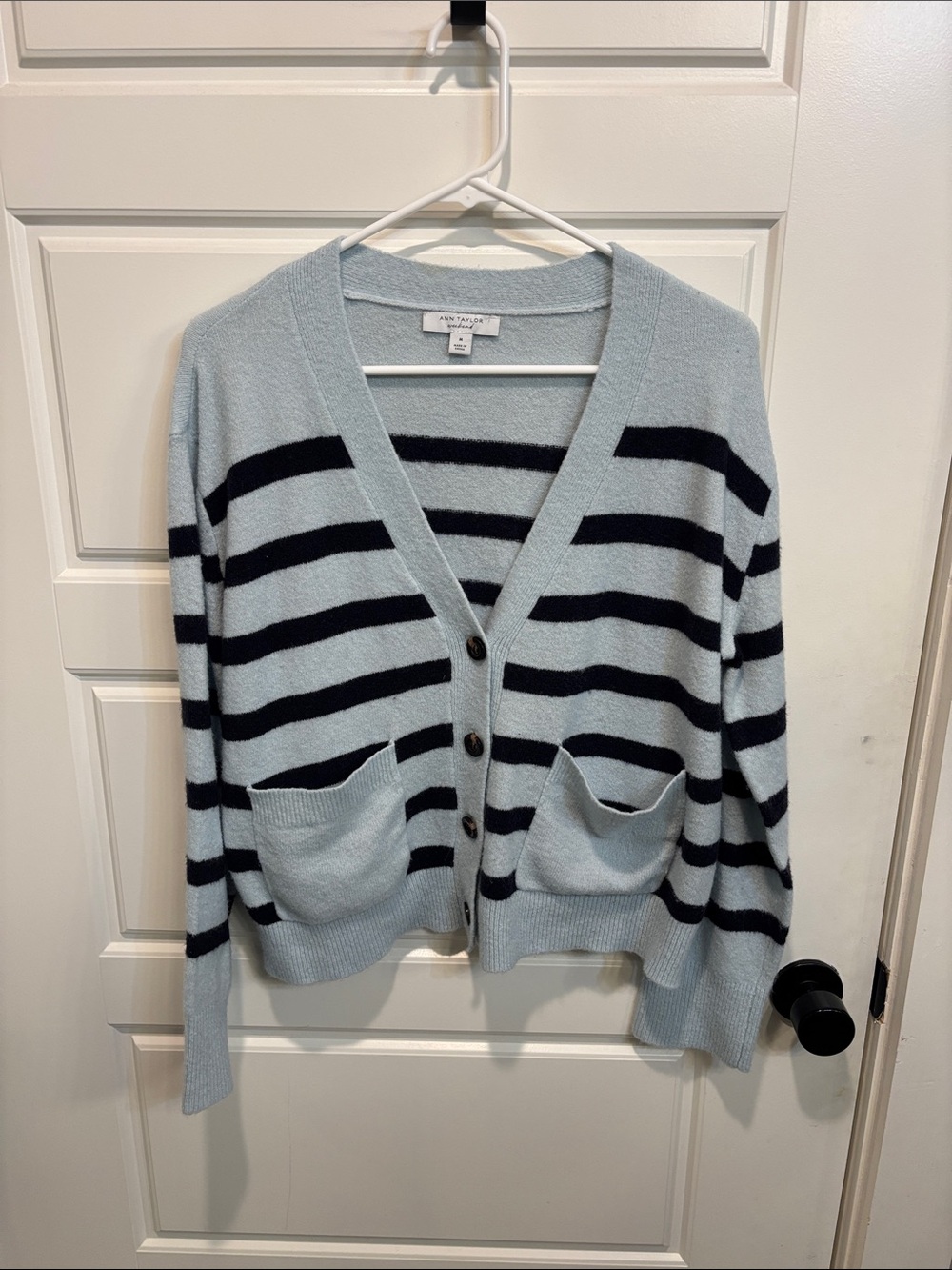 Ann Taylor Light Blue & Navy Stripe Button-Front V-Neck Cardigan Sweater